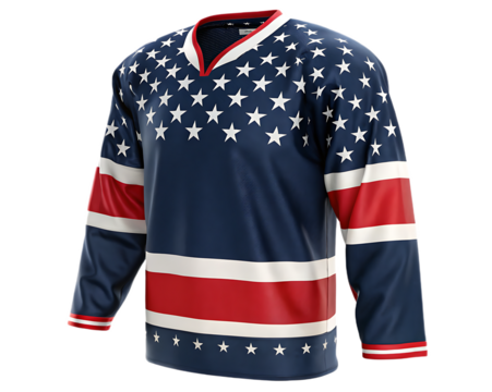 A patriotic hockey jersey with stars and stripes design on a white background in a studio shot