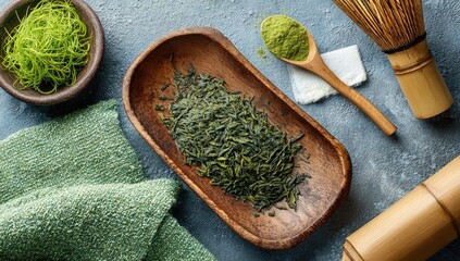 Dried green tea leaves in a wooden bowl, surrounded by matcha powder, tea whisk, and accessories