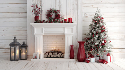 Fototapeta premium Classic Red and White Christmas Fireplace and Tree Decoration