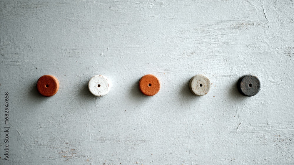 Poster five circular objects in various colors, including orange, white, and gray, are neatly arranged on a