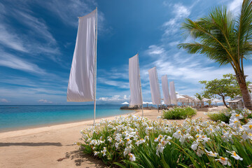 Beach paradise with white flags fluttering against a blue sky. Turquoise water meets golden sand in a serene coastal scene.