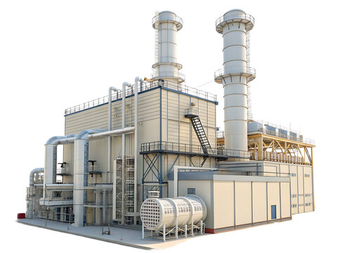 A detailed view of a large industrial plant with pipes and towers against a clear sky background
