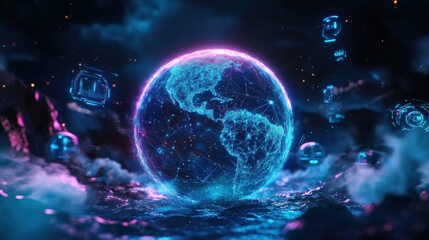 Glowing digital representation of Earth in futuristic environment