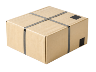 A cardboard box secured with gray strapping and black squares on a white background in a studio shot