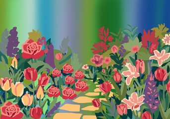 Romantic Garden Path spring flowers background