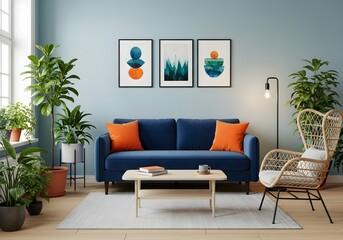 Fototapeta premium Bright and airy modern living room interior featuring a blue velvet sofa, orange cushions, and abundant green houseplants for a cozy, natural ambiance