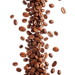 Obraz premium Roasted Coffee Beans Falling in Mid-Air — a stream of aromatic roasted coffee beans captured in motion, isolated on a transparent background, highlighting natural energy and fresh beverage concepts