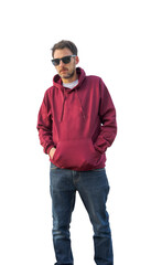 Fototapeta premium Man wearing red hoodie and sunglasses with transparent background
