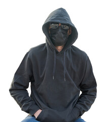 Hooded man wearing protective mask and sunglasses on transparent background