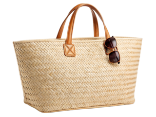 A woven straw tote bag with brown leather handles and sunglasses hanging from one of the handles