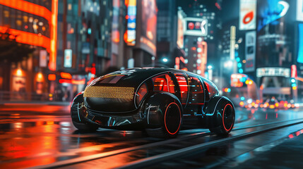 Shot of a Futuristic Self-Driving Van Moving on a Public Highway in a Modern City with Glass Skyscrapers.