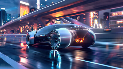 Shot of a Futuristic Self-Driving Van Moving on a Public Highway in a Modern City with Glass Skyscrapers.