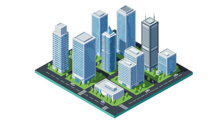 Modern cityscape with isometric high-rise buildings and green spaces