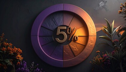 A circular emblem with "5%" displayed prominently, split into purple/orange halves, against a dark wall, surrounded by plants and a sunset backdrop