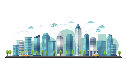 Obraz premium Modern urban skyline with skyscrapers and minimalist trees in flat design