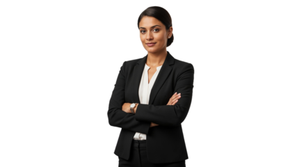 Professional woman in business attire standing confidently with arms crossed in a bright studio setting