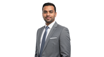 Professional man wearing a suit poses confidently in a formal studio setting, showcasing a polished appearance and demeanor