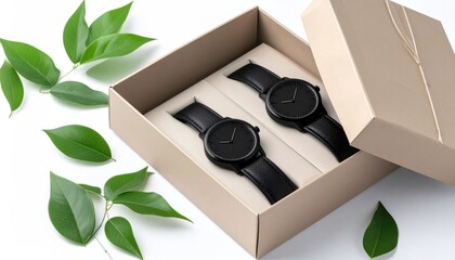 Elegant gift Two black wristwatches nestled in a beige box, adorned with green leaves on a white background. Modern, minimalist design