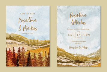 Watercolor Mountain Landscape Wedding Invitation Card Template Design Set