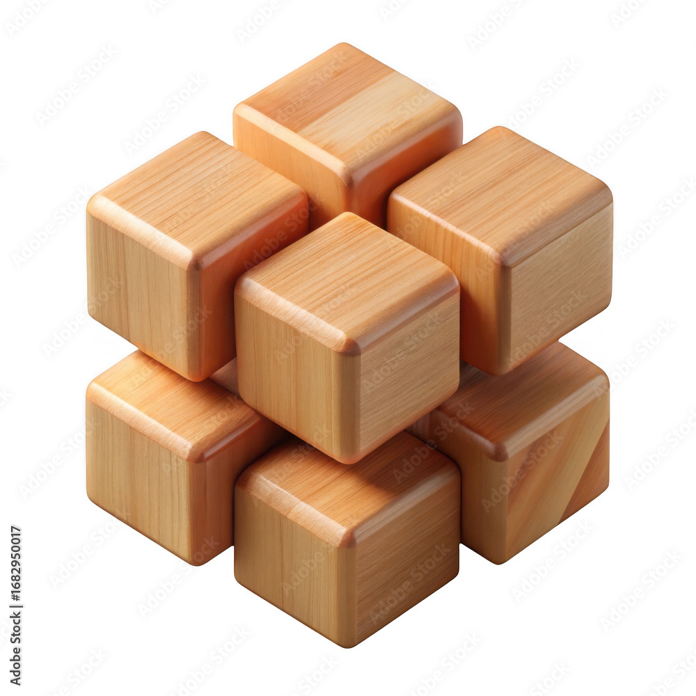 Poster 3d wooden cube puzzle assembly isolated on transparent background