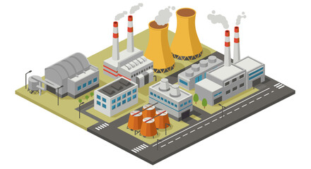 Isometric power plant with cooling towers and industrial buildings