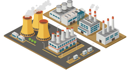 Obraz premium Isometric industrial power plant with cooling towers and chimneys