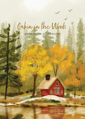 Serene Watercolor Cabin Landscape with Autumnal Trees and Forest Background Illustration