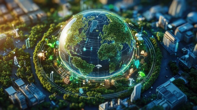 Aerial view of futuristic city with globe and digital icons