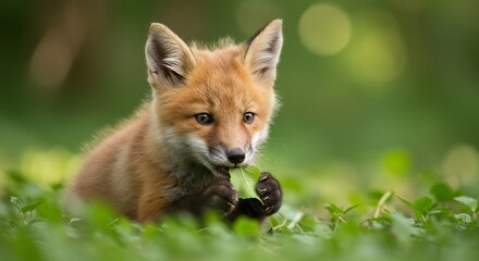 Fototapeta premium 緑葉を食べる可愛い狐の子 柔らかな光の中で遊ぶ. AI Generated