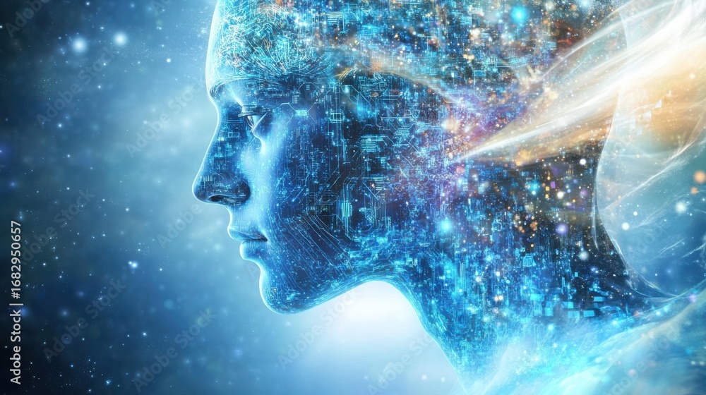 Poster mixed-race woman in abstract digital environment with circuit patterns
