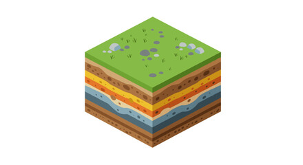 Isometric cube layers of soil and rock with grass top
