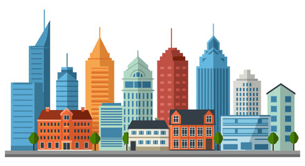 Naklejka premium Colorful flat urban skyline with modern and classic architecture