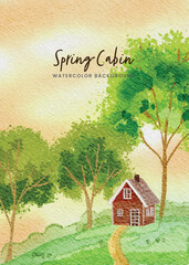 Artistic Watercolor Spring Cabin Landscape Illustration with Trees and Path