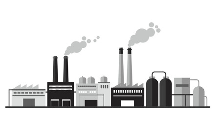 Monochrome industrial skyline with factories and smokestacks