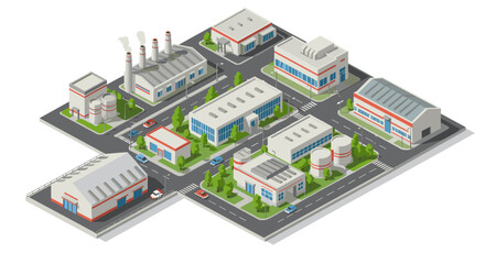Obraz premium Industrial zone isometric design with factories, roads, and trees