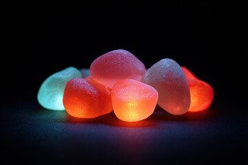 Glowing Rock Collection: A vibrant and colorful still life, showcasing translucent stones in neon hues against a stark, dark background.