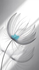 Obraz premium Minimalistic illustration of a silhouette of a single dandelion head in light colors on a white background, with a bright blue spot at the center of the head.