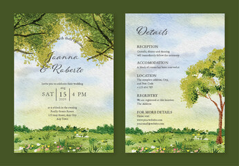Elegant Watercolor Landscape Wedding Invitation Card Template with Detailed Information