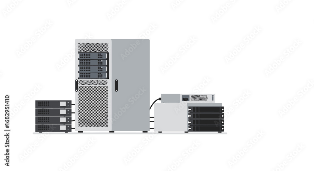 Poster modern data center equipment with servers and network storage solutions