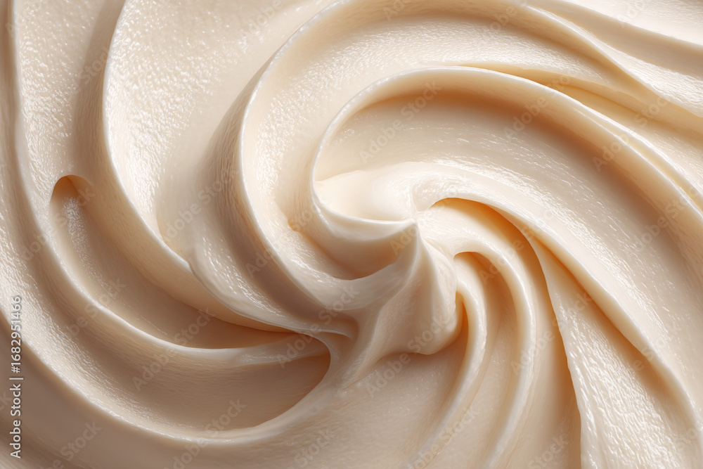 Poster swirls of creamy beige frosting form an elegant, inviting texture. close-up shot emphasizing the smo