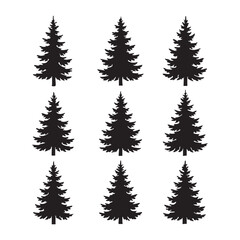Pack of 9 conifer tree silhouettes, layered pine styles, black vector on white.