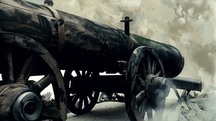 An antique cannon on wheels in a cloud of smoke and dust, reminiscent of past military conflicts. Useful for historical publications, illustrations for books about war, and documentaries.

