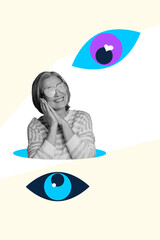 Pop poster trend collage image of happy old woman smile cartoon eyeball supervision ophthalmology healthcare view concept
