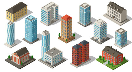 Collection of isometric buildings: diverse urban architecture designs