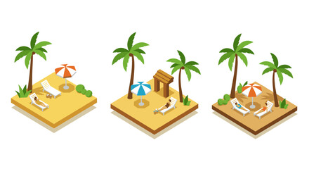 Obraz premium Isometric beach paradise with umbrellas and palm trees in relaxing sunshine