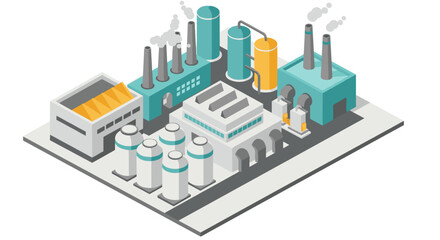 Isometric industrial complex with factories and smokestacks in modern design