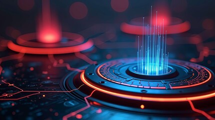 A series of futuristic circular digital control interfaces or platforms emitting glowing red and blue