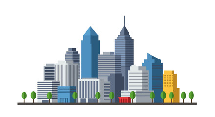 Modern urban cityscape with geometric skyscrapers and greenery in flat style