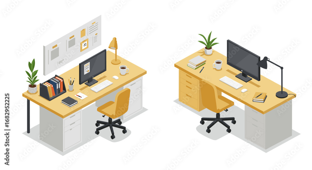 Poster modern isometric office workspaces with desktop computers and minimalist decor