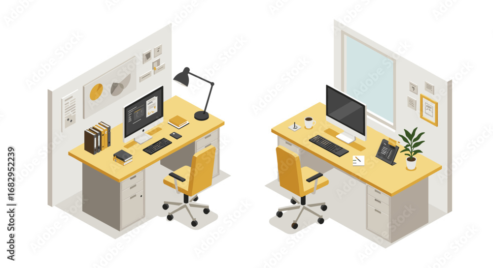 Aufkleber isometric office desks with computers and decor in modern workspace setup
